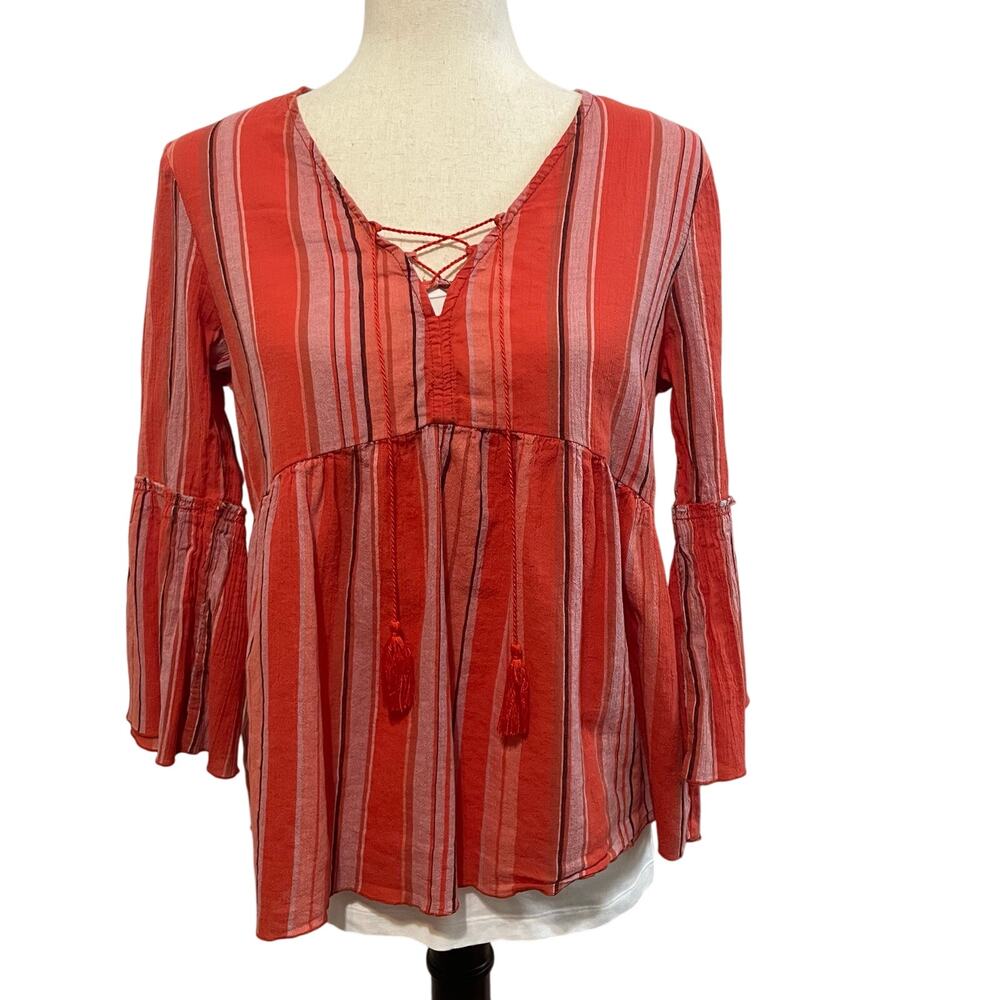 Sanctuary Sedona Peasant Blouse Women's XS Orange Stripe 3/4 Sleeve Lightweight